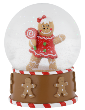 Kula śnieżna z piernikową dziewczynką w czerwonej sukience, z lizakiem. Brązowa podstawa z paskami cukrowymi.