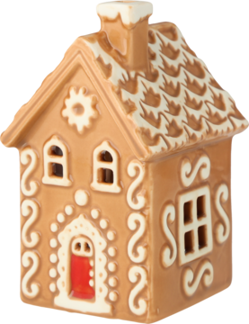 Piernikowy domek w ciepłym brązie, z białym lukrem i czerwoną ozdobną ramką drzwi, widok z boku.