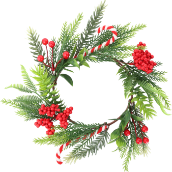 Sztuczny wieniec świąteczny z zielonych gałązek, udekorowany czerwonymi jagodami i biało-czerwonymi laskami cukrowymi.