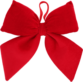 Czerwona kokarda z miękkiego materiału, zawiązana na środku, z pętelką do zawieszenia, widok z przodu.