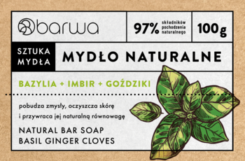 Mydło naturalne Barwa z bazylią, imbirem i goździkami, 97% natury. Opakowanie, widok z przodu.