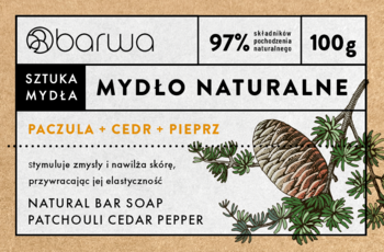 Naturalne mydło Barwa Paczula Cedr Pieprz, 97% składników naturalnych, 100g, widok etykiety z grafiką szyszki.