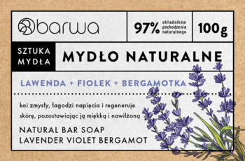 Mydło naturalne Barwa Lawenda Fiołek Bergamotka, z białym opakowaniem i ilustracją lawendy na brązowym tle.