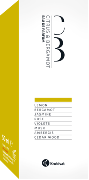 Białe opakowanie wody perfumowanej Kruidvat C3B Citrus & Bergamot 50ml, z żółtym bokiem i nutami zapachowymi.