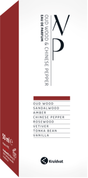 Kruidvat Oud Wood & Chinese Pepper Eau de Parfum, 50ml, białe pudełko z czerwoną etykietą i listą nut zapachowych.