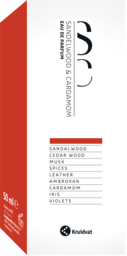 Bok czerwono-białego opakowania wody perfumowanej Kruidvat Sandelwood & Cardamom, z pionowym napisem i nutami zapachu.