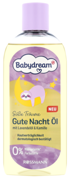 Babydream Gute Nacht Öl z lawendą i rumiankiem. Przezroczysta butelka, front, etykieta z leniwcem na żółtym księżycu.
