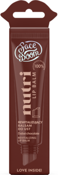 Czekoladowy balsam do ust FaceBoom Nutri, Dubai Chocolate, w brązowej tubce, pionowy widok z przodu.