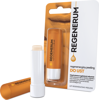 Regenerum regeneracyjny peeling do ust: biały sztyft z kremową końcówką, pomarańczowy blister i dodatkowy sztyft.
