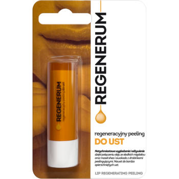 Regenerum regeneracyjny peeling do ust w pomarańczowym sztyfcie, w białym blistrze z pomarańczowym logo.