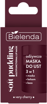 Ciemnobordowe opakowanie maski do ust Bielenda Soft Pudding Very Cherry 3w1, widok z przodu.
