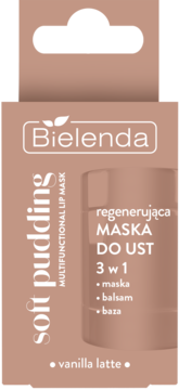 Bielenda Soft Pudding Regenerująca Maska do Ust Vanilla Latte. Beżowe opakowanie z białym napisem, widok z przodu.