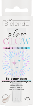 Bielenda Glaze & Glow nawilżający lip butter balm, biała tubka z perłowymi drobinkami i efektem rozświetlenia.