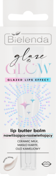 Bielenda Glaze & Glow nawilżający lip butter balm, biała tubka z perłowymi drobinkami i efektem rozświetlenia.