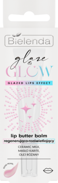 Bielenda Glaze & Glow regenerująco-rozświetlający balsam do ust w białej tubie, widok z przodu.