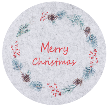Okrągła, filcowa ozdoba świąteczna z szarym, teksturowanym tłem, wieńcem z jodły i jagód oraz napisem 'Merry Christmas'.