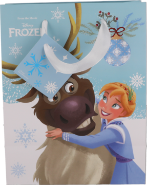 Jasnoniebieska torba prezentowa Disney Frozen z Anną i Svenem, motywem świątecznym i białymi uchwytami.