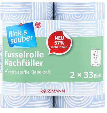 Flink & sauber Fusselrolle Nachfüller 2x33 Blatt, niebiesko-białe rolki z napisem "57% więcej", widok z przodu.