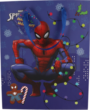 Niebieska torba prezentowa Spider-Man z bohaterem w kucki, lampkami świątecznymi, piernikiem i laską cukrową.