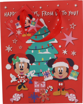 Czerwona torba świąteczna Disney z Miki i Minnie w czapkach Mikołaja, choinką, prezentami i słodyczami. Widok z przodu.