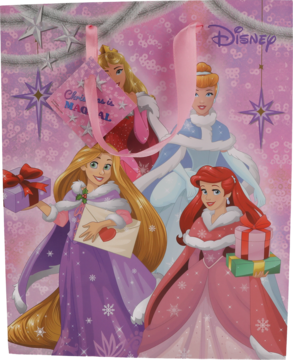 Świąteczna ilustracja: Rapunzel, Ariel, Kopciuszek i Aurora w zimowych strojach z prezentami, na tle gwiazdek.