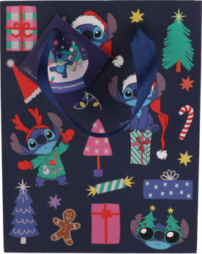 Granatowa świąteczna torba prezentowa Stitch, z wizerunkami postaci w zimowych strojach i kolorowymi dekoracjami świątecznymi.