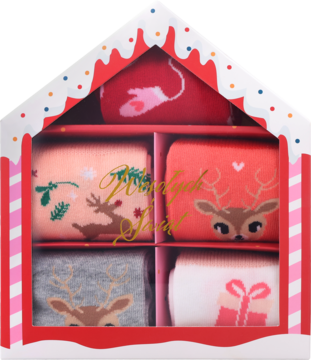 Zestaw 5 par świątecznych skarpetek w pudełku-domku: renifery, prezenty, napis "Wesołych Świąt", widok z przodu.