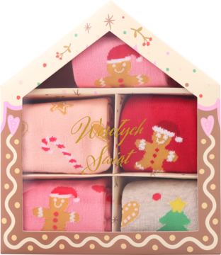 Świąteczny zestaw prezentowy 4 par różowo-czerwonych skarpetek z piernikami w pudełku-domku, widok z przodu.
