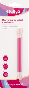 KillyS różowy dwustronny odpychacz do skórek z ergonomiczną rączką, w białym opakowaniu, do manicure.