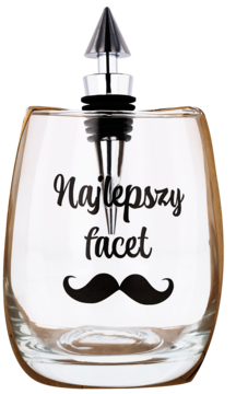 Przezroczysta szklanka do wina z korkiem stożkowym, napisem "Najlepszy facet" i czarnym wąsem, widok z przodu.