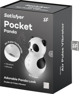 Masażer intymny Satisfyer Pocket Panda w pudełku, biała panda, widok z przodu, technologia Air Pulse.
