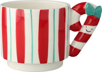 Kubek ceramiczny w czerwono-białe pasy, z uchwytem-laską cukrową, zieloną kokardką i uśmiechem, widok z przodu.