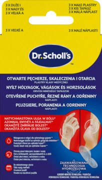 Dr. Scholl's hydrożelowe plastry na otwarte pęcherze i rany, żółto-niebieskie opakowanie, widok z przodu.