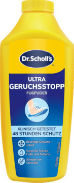 Dr. Scholl's Ultra Odour Stop puder do stóp w żółtej butelce, widok z przodu, niebieska etykieta, 48H ochrony.
