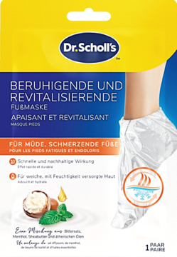Dr. Scholl's kojąco-rewitalizująca maska dla zmęczonych stóp. Żółto-niebieska saszetka z maską-skarpetką.
