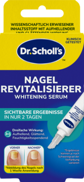Serum Dr. Scholl's Nagel Revitalisierer Whitening w żółto-niebieskim opakowaniu, widoczne efekty wybielania paznokci.