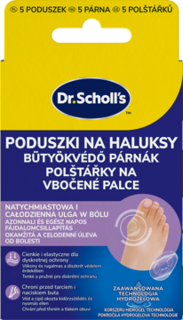 Żółto-niebieskie opakowanie Dr. Scholl's hydrożelowych poduszek na haluksy, 5 sztuk, z grafiką stopy, widok z przodu.
