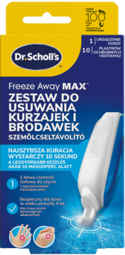 Dr. Scholl's Freeze Away MAX na kurzajki, niebiesko-żółte opakowanie z 10 plastrami, widok z przodu.