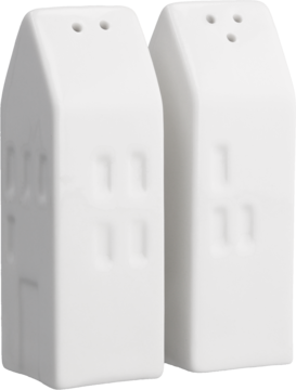 Białe ceramiczne solniczki i pieprzniczki w kształcie domków, minimalistyczny design, z detalami okien i drzwi.