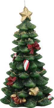 Zielona figurka choinki bożonarodzeniowej ozdobiona czerwoną kokardą, złotymi dzwoneczkami, cukierkami, widok z przodu.