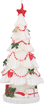 Biała ceramiczna choinka świąteczna z czerwoną gwiazdą, koralikami, sercami i prezentami u podstawy, widok z przodu.
