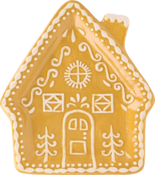 Żółty ceramiczny talerz w kształcie domku z piernika, ozdobiony białymi lukrowymi wzorami, widok z przodu.