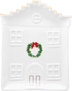 Biała ceramiczna tacka świąteczna w kształcie domku, z wieńcem i złotymi drzwiami, widok z przodu.