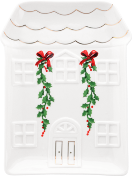 Biała ceramiczna tacka w kształcie domku z dachem, ozdobiona świątecznymi girlandami z ostrokrzewu i czerwonymi kokardami.