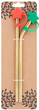 Złote metalowe słomki wielorazowe z czerwonym i zielonym gwiazdkami, na świątecznym kartoniku z jemiołą.