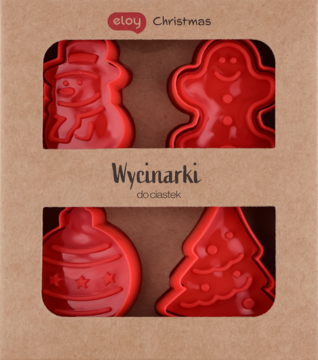 Zestaw czerwonych foremek Eloy Christmas: bałwan, piernik, bombka, choinka, prezentowane w brązowym pudełku.
