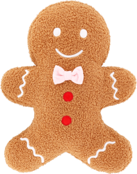 Pluszowy brązowy ludzik piernikowy z różową muszką, dwoma czerwonymi guzikami, białymi rysami i lukrowymi wzorami.