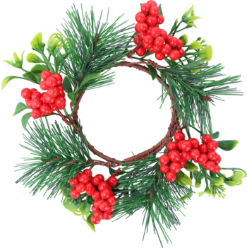 Mały świąteczny wianek z zielonych igieł sosnowych i czerwonych jagód, widok z przodu, okrągły kształt.