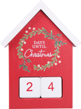 Czerwony, drewniany kalendarz adwentowy w kształcie domku, z napisem "DAYS UNTIL Christmas". Widok z przodu, z cyframi 2 i 4.