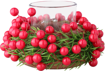 Świąteczny stroik na świecę z czerwonymi jagodami, zielonymi igłami, okrągły, ze szklanym świecznikiem.